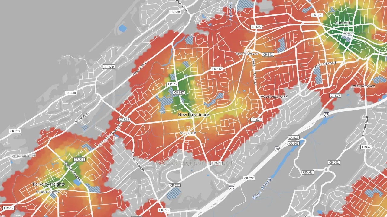 Walk Grade map of New Providence, NJ, walkable areas in green and car-dependent areas in red