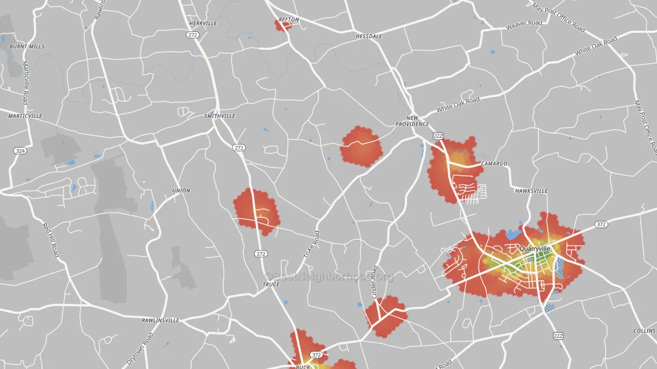 Walk Grade map of New Providence, PA, walkable areas in green and car-dependent areas in red