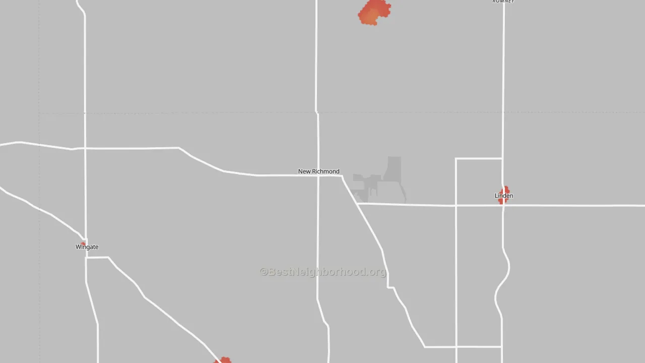 Walk Grade map of New Richmond, IN, walkable areas in green and car-dependent areas in red