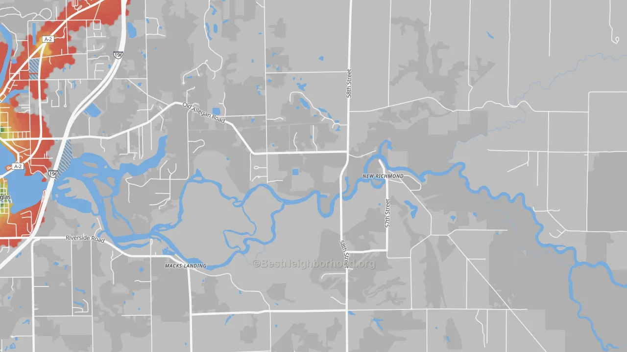 Walk Grade map of New Richmond, MI, walkable areas in green and car-dependent areas in red