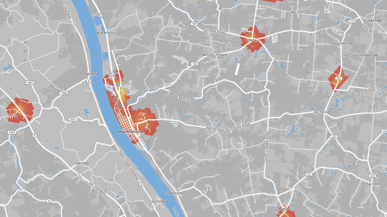 Walk Grade map of New Richmond, OH, walkable areas in green and car-dependent areas in red