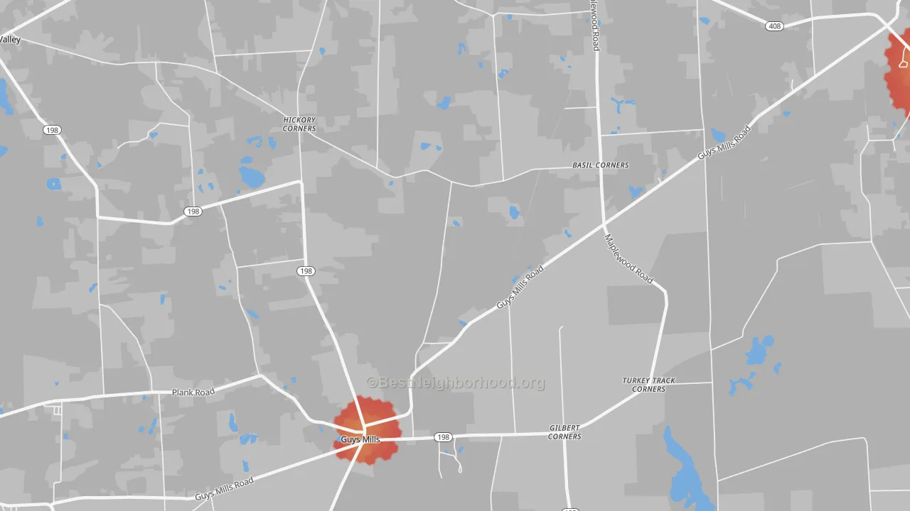 Walk Grade map of New Richmond, PA, walkable areas in green and car-dependent areas in red