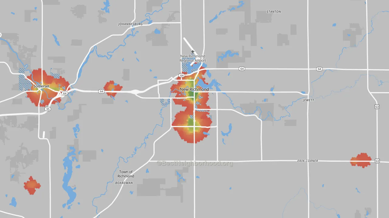 Walk Grade map of New Richmond, WI, walkable areas in green and car-dependent areas in red