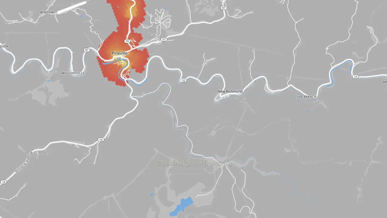 Walk Grade map of New Richmond, WV, walkable areas in green and car-dependent areas in red