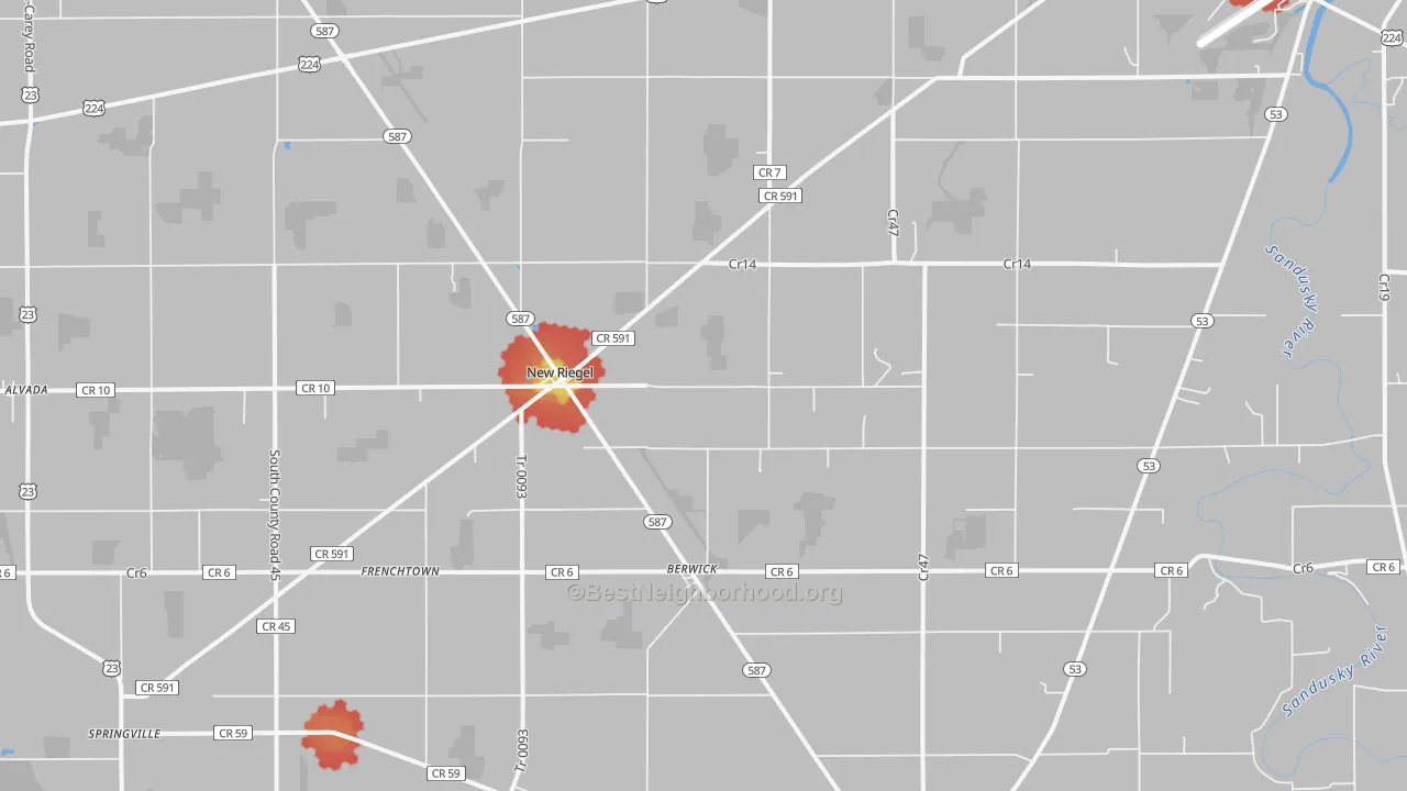 Walk Grade map of New Riegel, OH, walkable areas in green and car-dependent areas in red