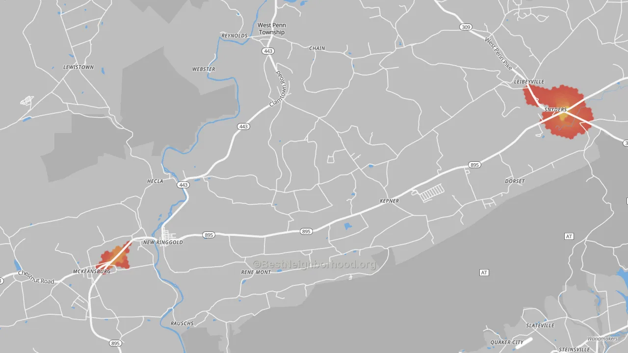 Walk Grade map of New Ringgold, PA, walkable areas in green and car-dependent areas in red