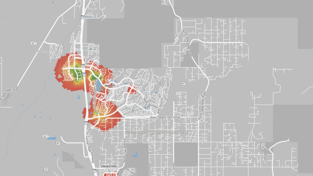 Walk Grade map of New River, AZ, walkable areas in green and car-dependent areas in red