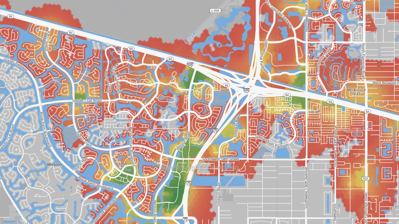 Walk Grade map of New River Estates, Sunrise, FL, walkable areas in green and car-dependent areas in red