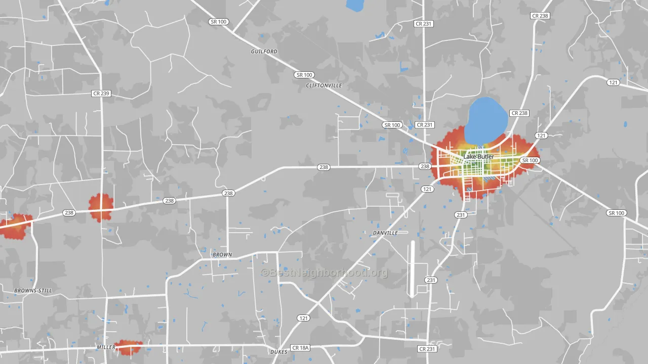 Walk Grade map of New River, FL, walkable areas in green and car-dependent areas in red