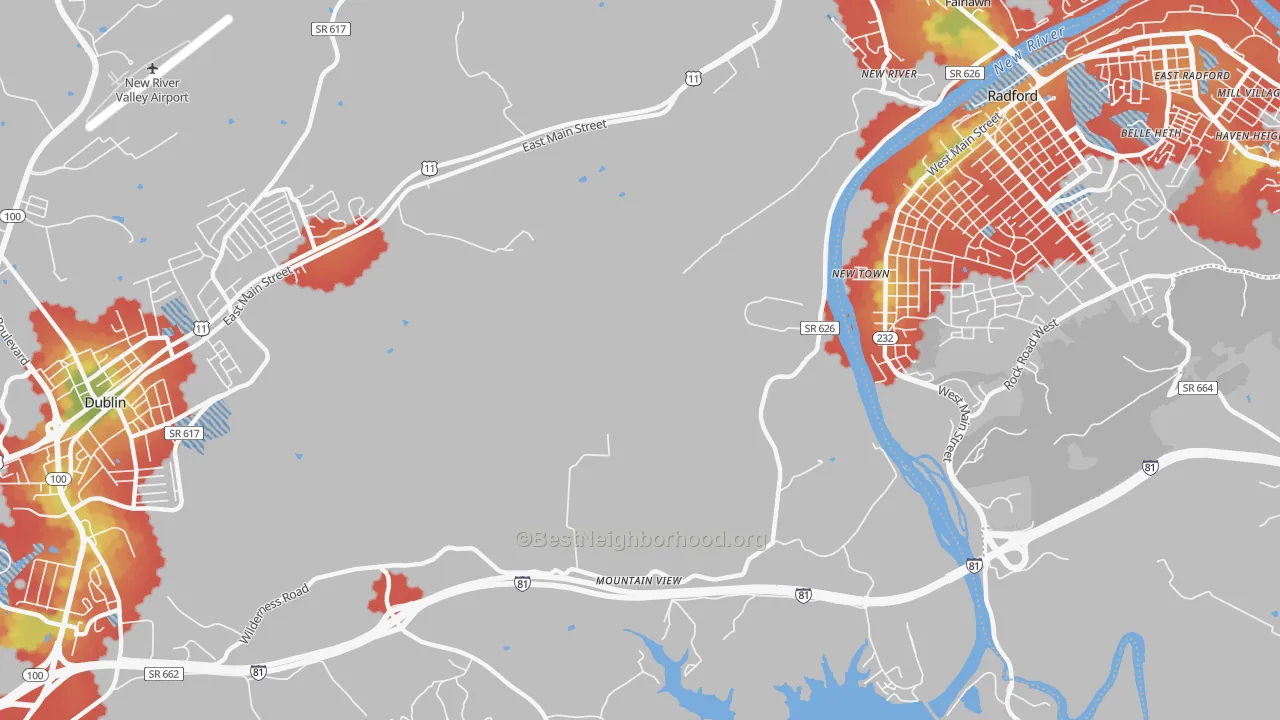 Walk Grade map of New River, VA, walkable areas in green and car-dependent areas in red