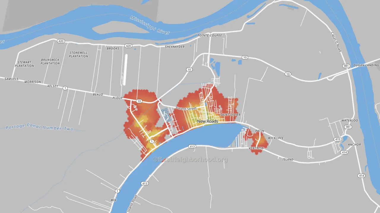 Walk Grade map of New Roads, LA, walkable areas in green and car-dependent areas in red