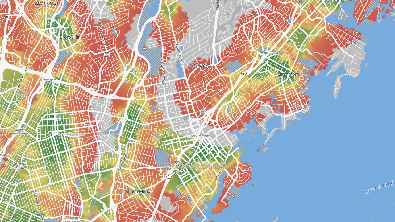 Walk Grade map of New Rochelle, NY, walkable areas in green and car-dependent areas in red