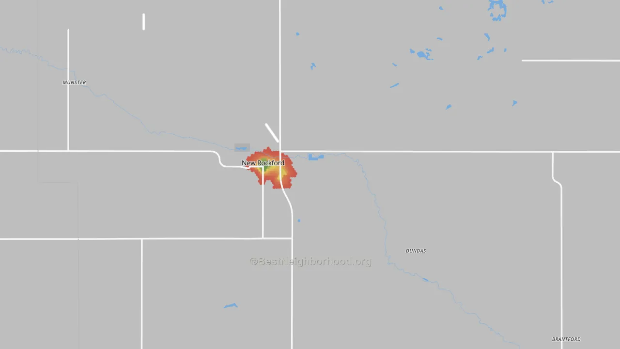 Walk Grade map of New Rockford, ND, walkable areas in green and car-dependent areas in red