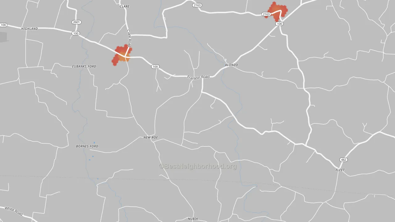 Walk Grade map of New Roe, KY, walkable areas in green and car-dependent areas in red