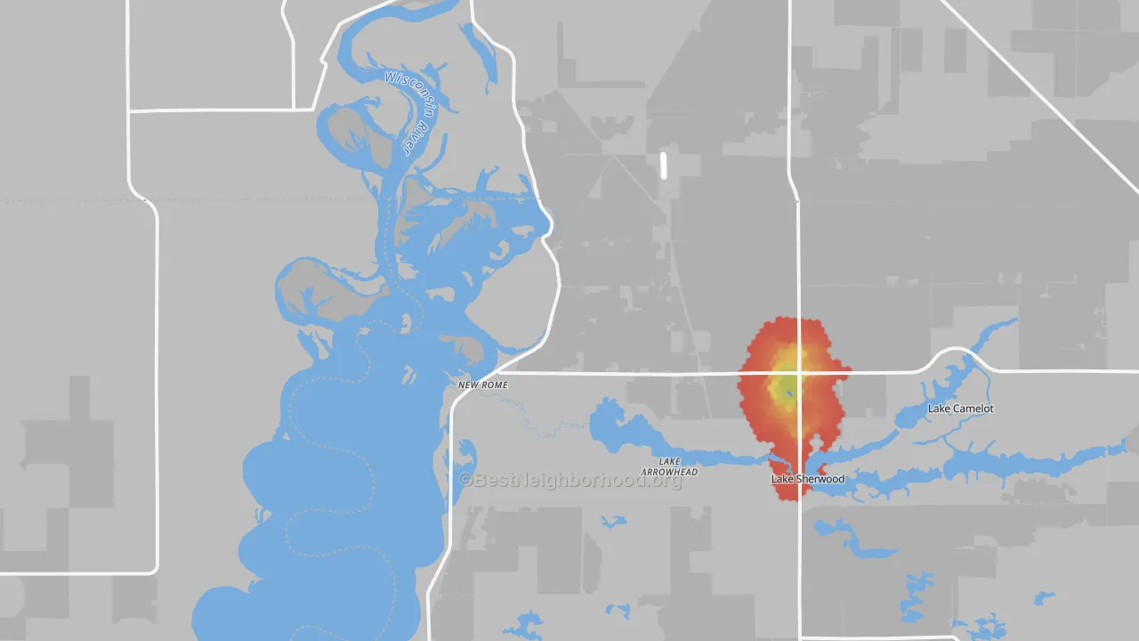 Walk Grade map of New Rome, WI, walkable areas in green and car-dependent areas in red