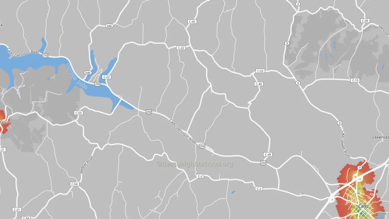 Walk Grade map of New Rumley, OH, walkable areas in green and car-dependent areas in red