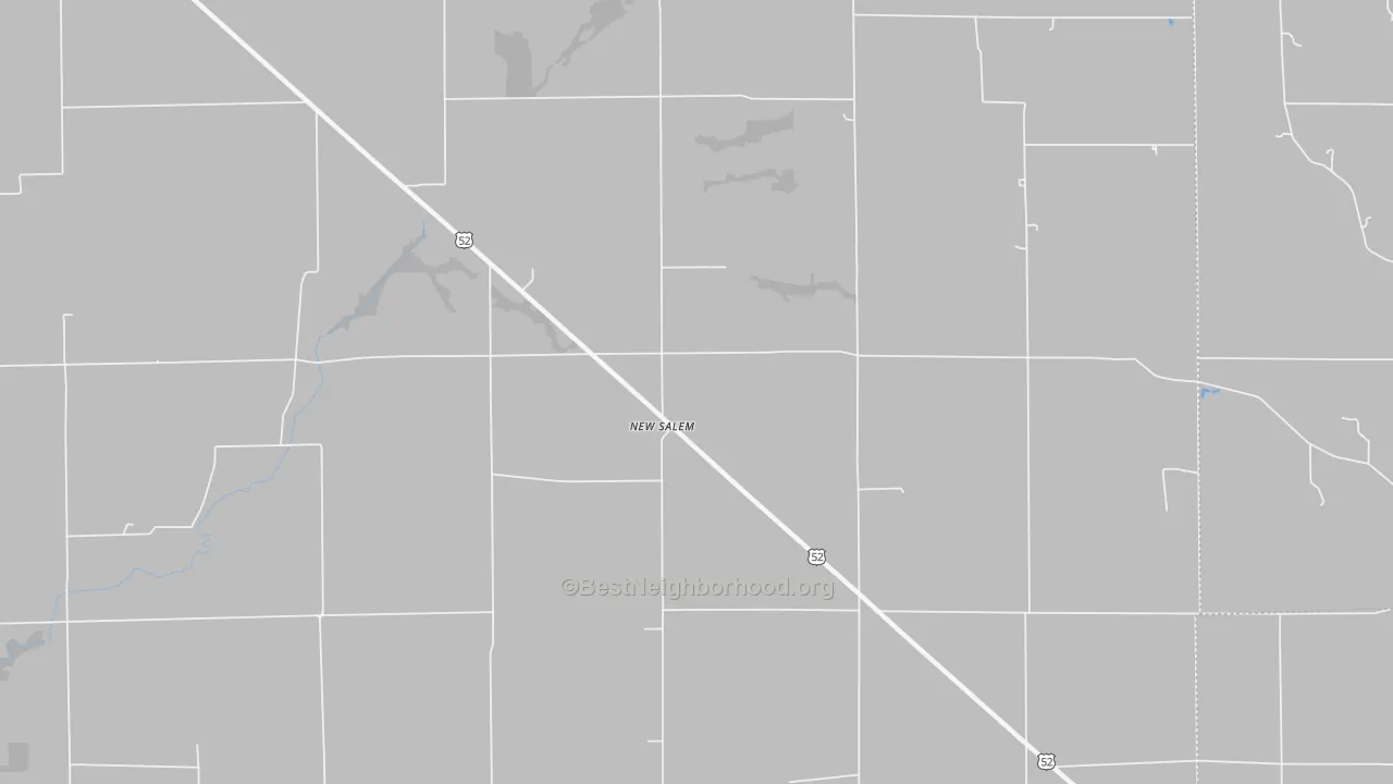 Walk Grade map of New Salem, IN, walkable areas in green and car-dependent areas in red