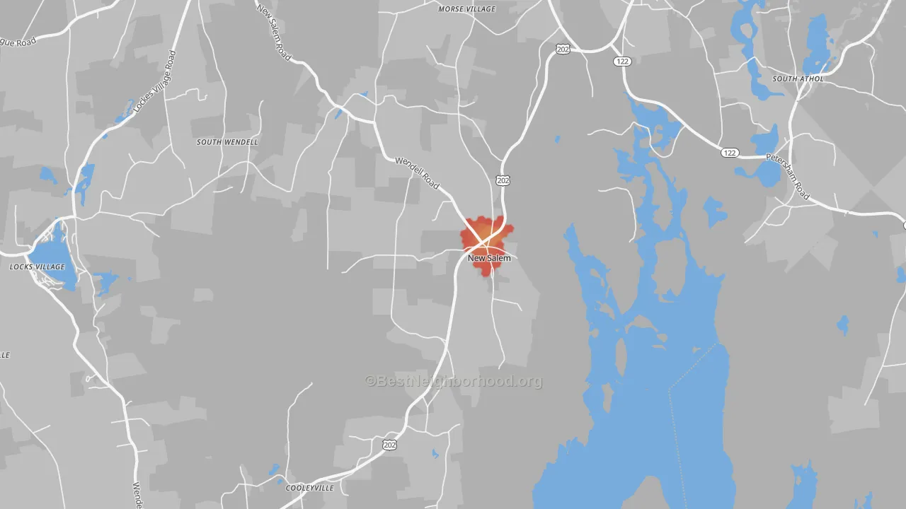 Walk Grade map of New Salem, MA, walkable areas in green and car-dependent areas in red