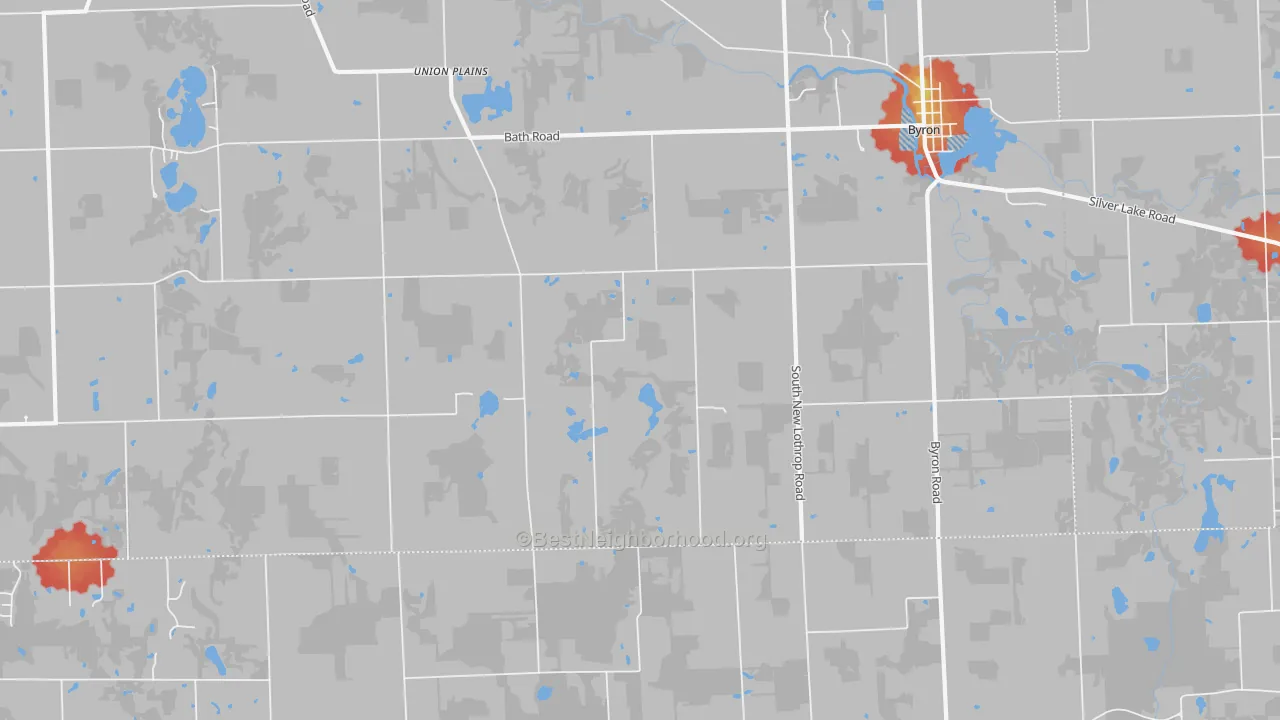 Walk Grade map of New Salem, MI, walkable areas in green and car-dependent areas in red
