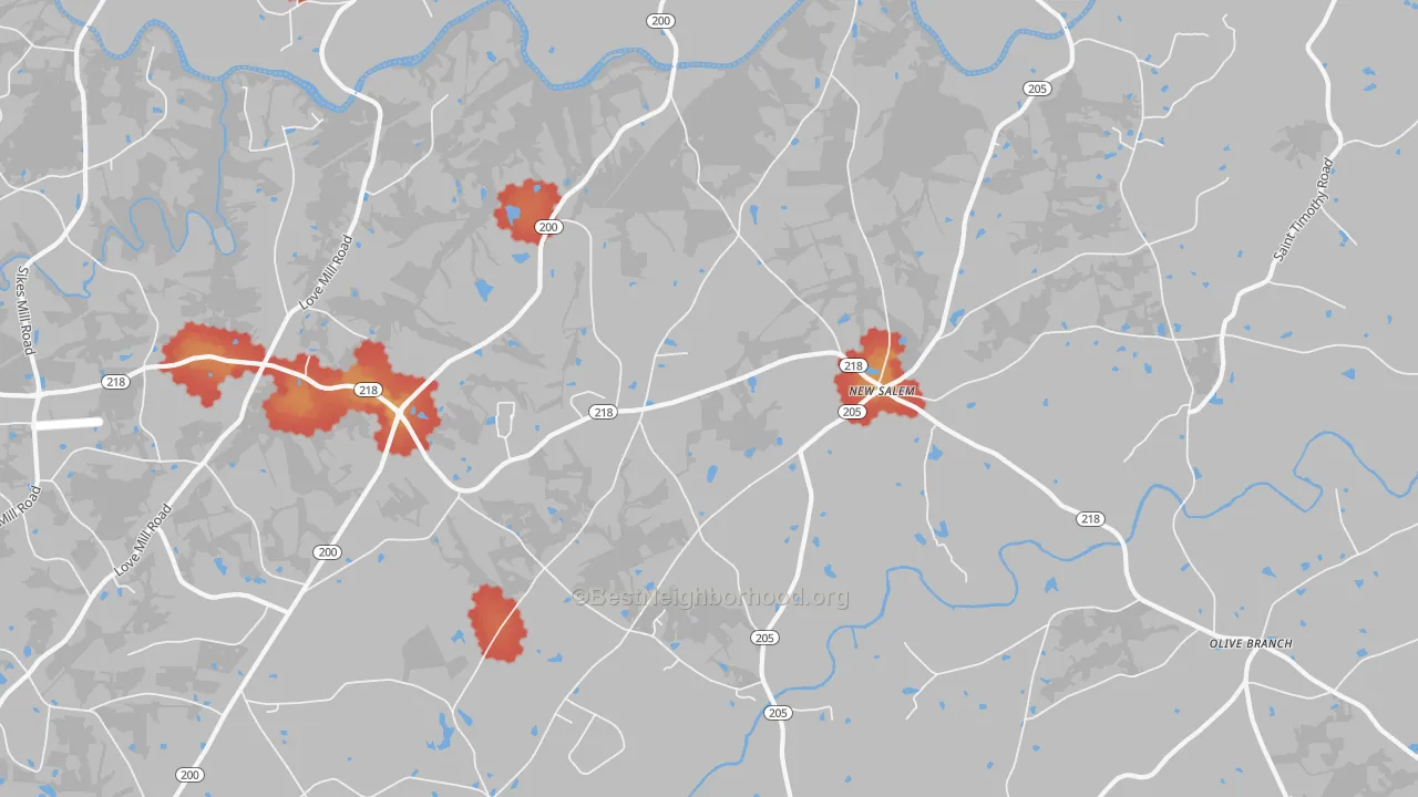 Walk Grade map of New Salem, NC, walkable areas in green and car-dependent areas in red
