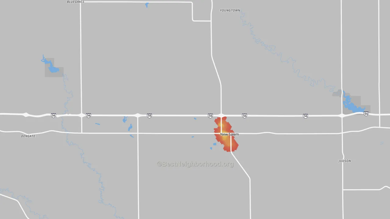 Walk Grade map of New Salem, ND, walkable areas in green and car-dependent areas in red
