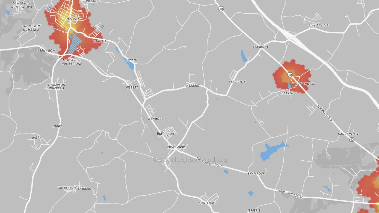Walk Grade map of New Salem, PA, walkable areas in green and car-dependent areas in red