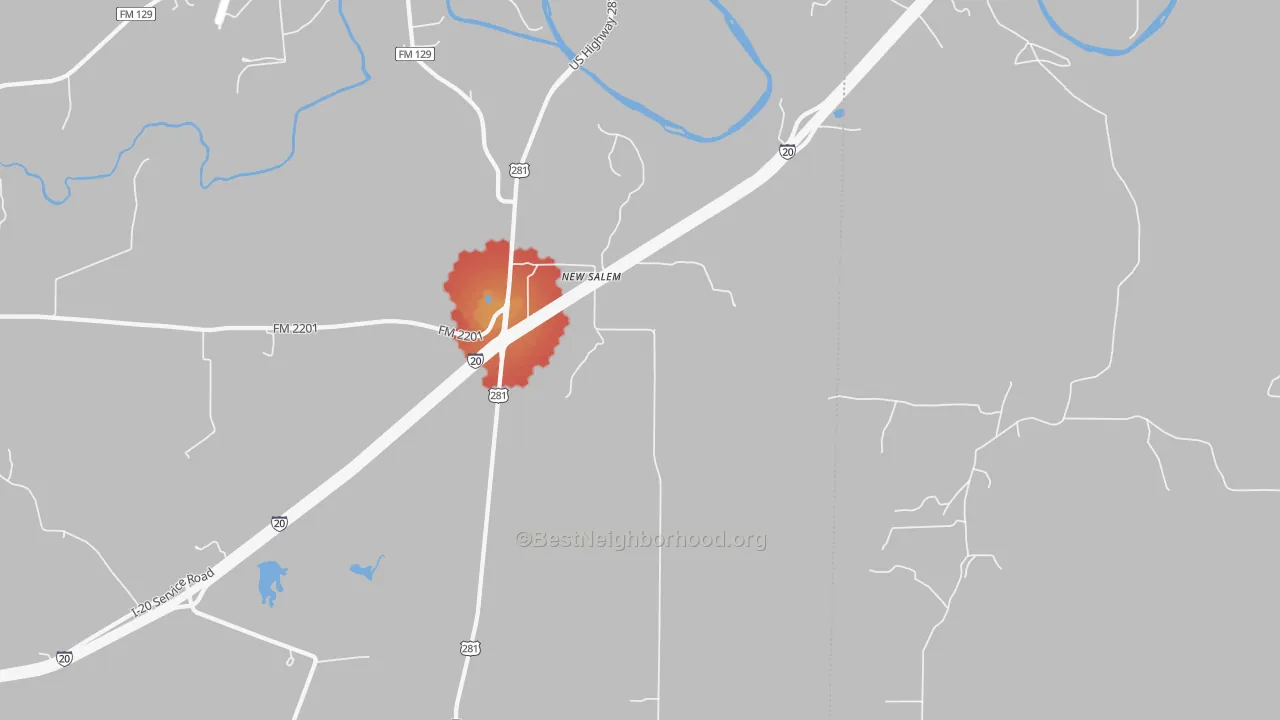 Walk Grade map of New Salem, TX, walkable areas in green and car-dependent areas in red