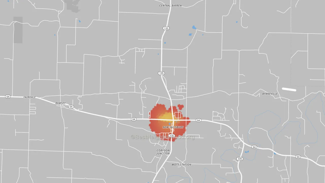 Walk Grade map of New Salisbury, IN, walkable areas in green and car-dependent areas in red