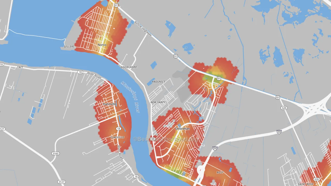 Walk Grade map of New Sarpy, LA, walkable areas in green and car-dependent areas in red