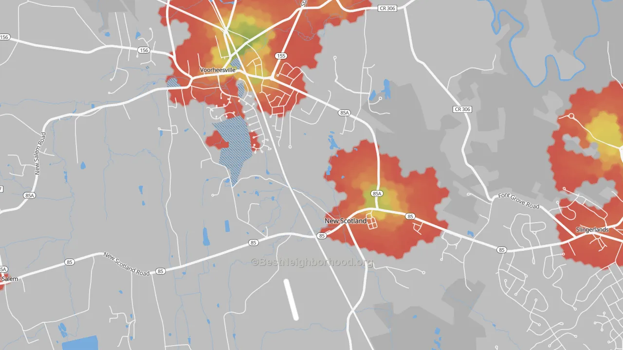 Walk Grade map of New Scotland, NY, walkable areas in green and car-dependent areas in red
