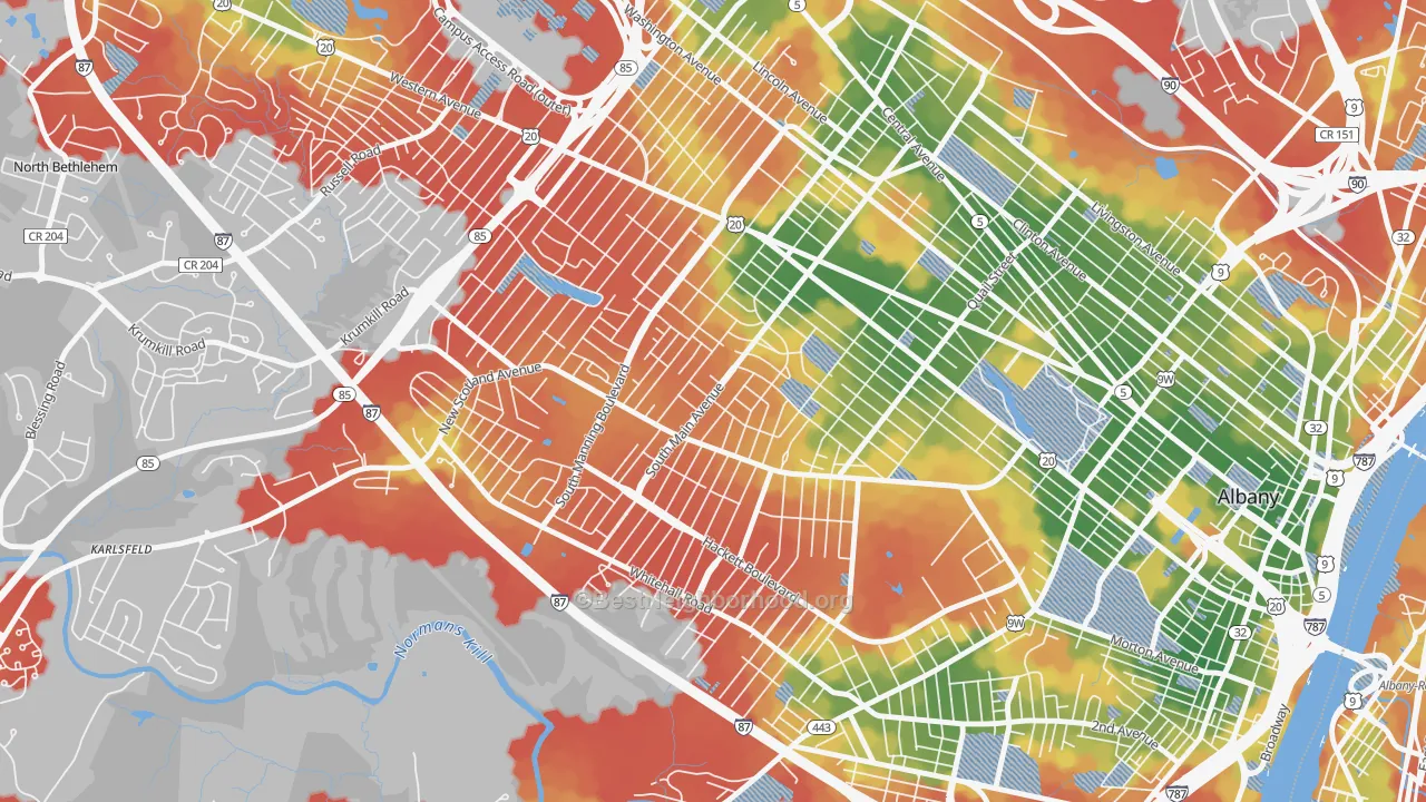 Walk Grade map of New Scotland-Woodlawn, Albany, NY, walkable areas in green and car-dependent areas in red