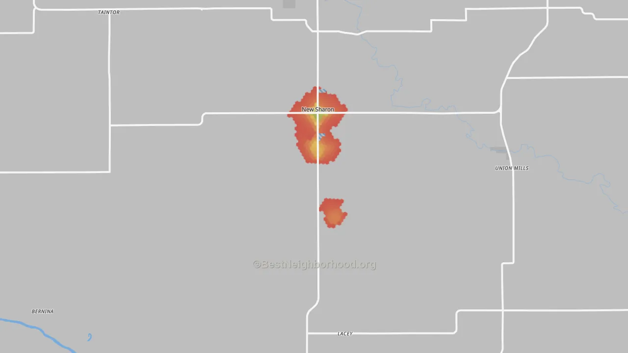 Walk Grade map of New Sharon, IA, walkable areas in green and car-dependent areas in red