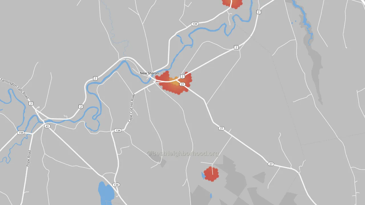 Walk Grade map of New Sharon, ME, walkable areas in green and car-dependent areas in red