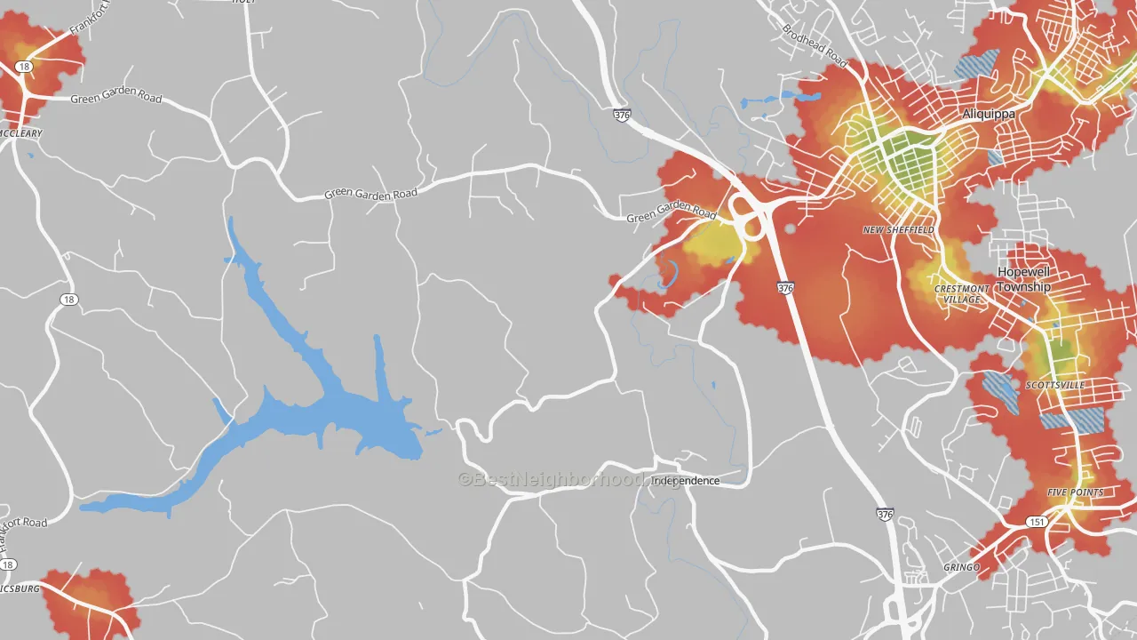 Walk Grade map of New Sheffield, PA, walkable areas in green and car-dependent areas in red