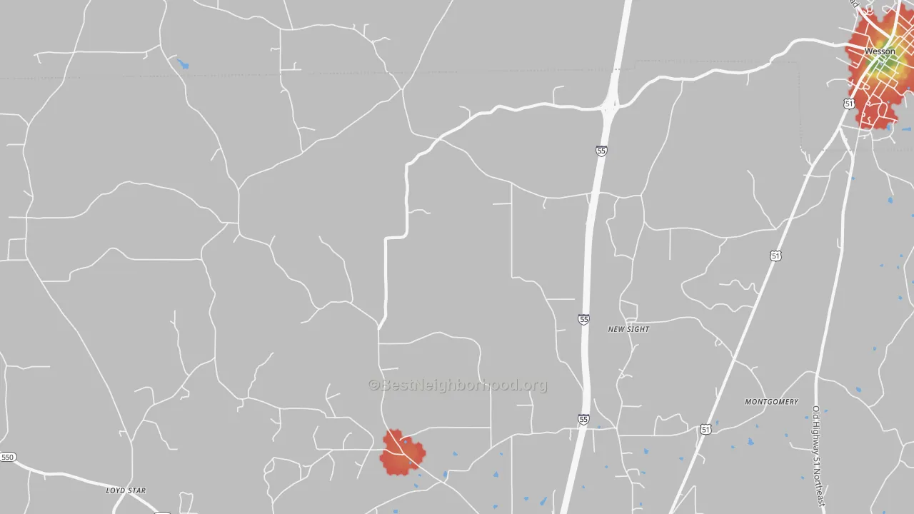 Walk Grade map of New Sight, MS, walkable areas in green and car-dependent areas in red