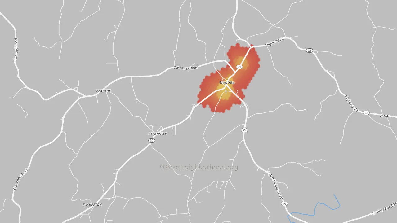Walk Grade map of New Site, AL, walkable areas in green and car-dependent areas in red
