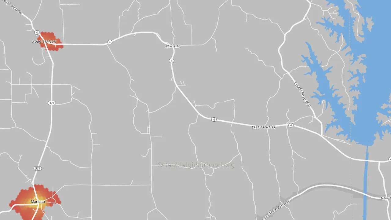Walk Grade map of New Site, MS, walkable areas in green and car-dependent areas in red