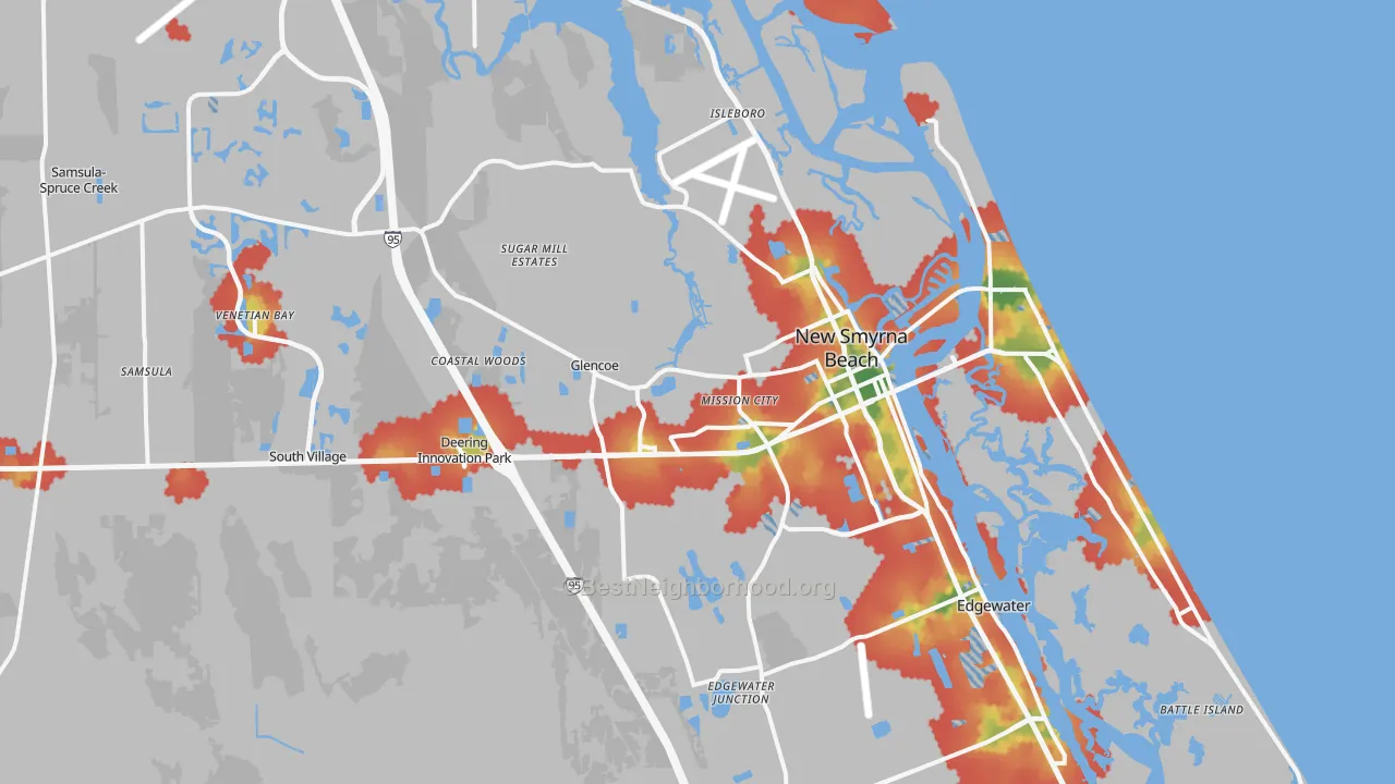 Walk Grade map of New Smyrna Beach, FL, walkable areas in green and car-dependent areas in red