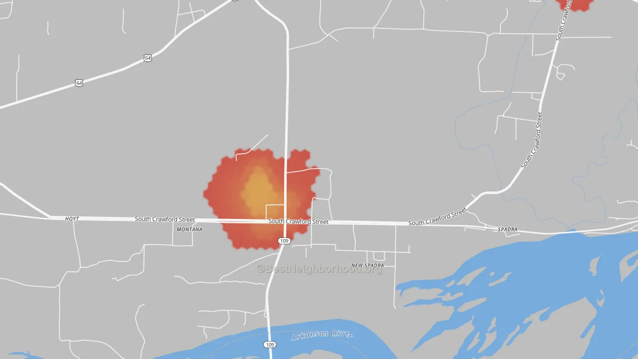 Walk Grade map of New Spadra, AR, walkable areas in green and car-dependent areas in red