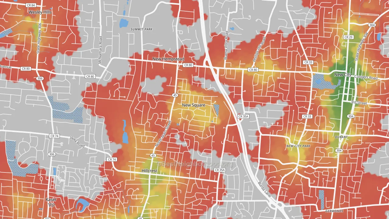 Walk Grade map of New Square, NY, walkable areas in green and car-dependent areas in red