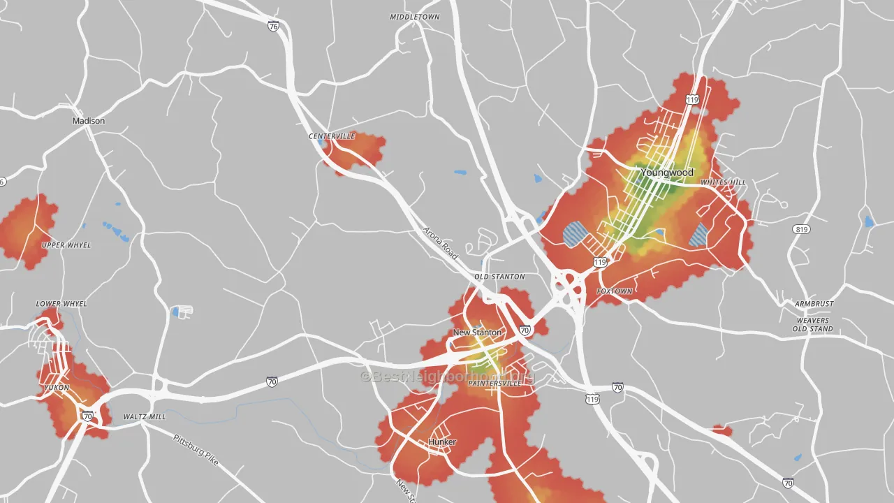 Walk Grade map of New Stanton, PA, walkable areas in green and car-dependent areas in red