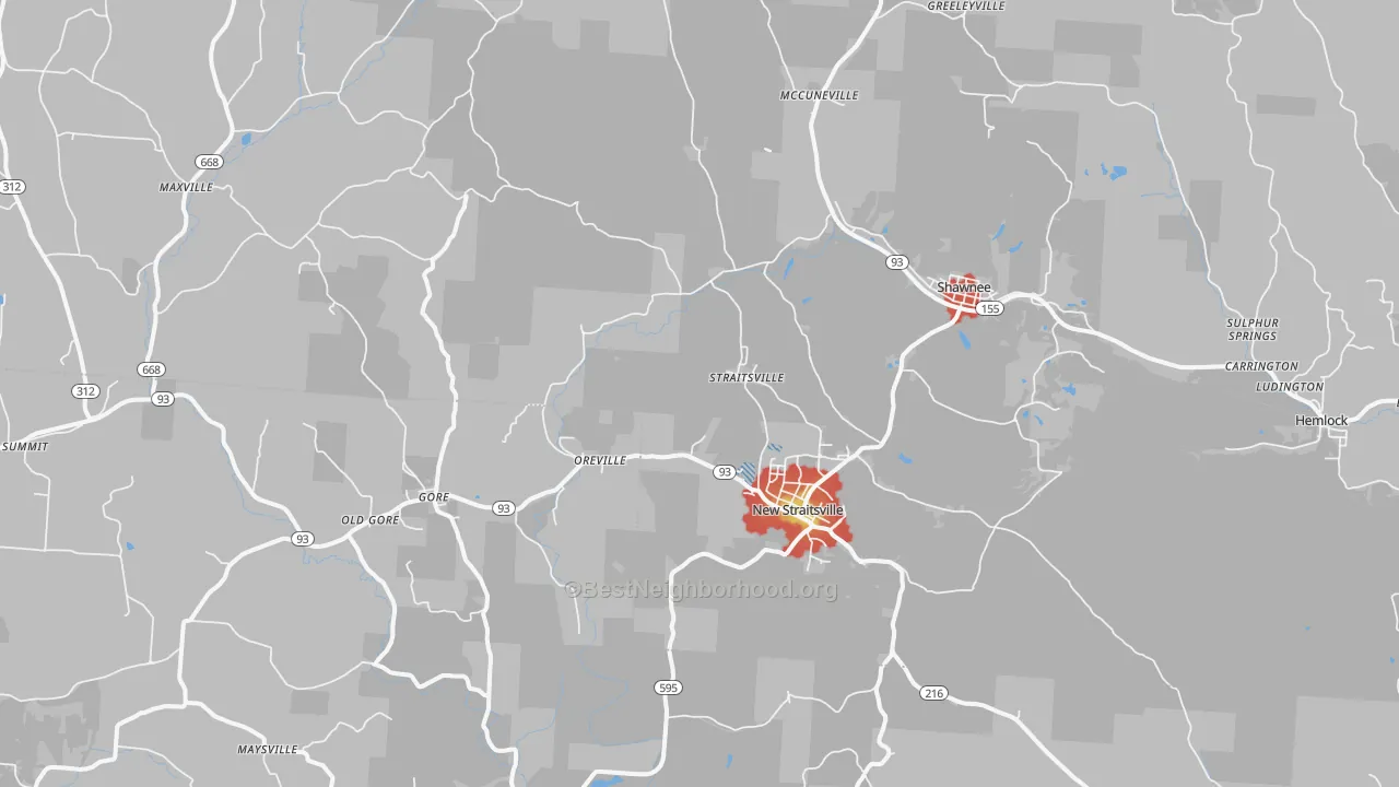Walk Grade map of New Straitsville, OH, walkable areas in green and car-dependent areas in red