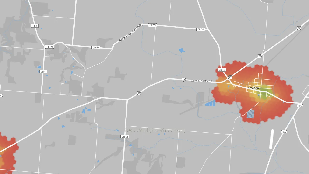 Walk Grade map of New Strasburg, OH, walkable areas in green and car-dependent areas in red