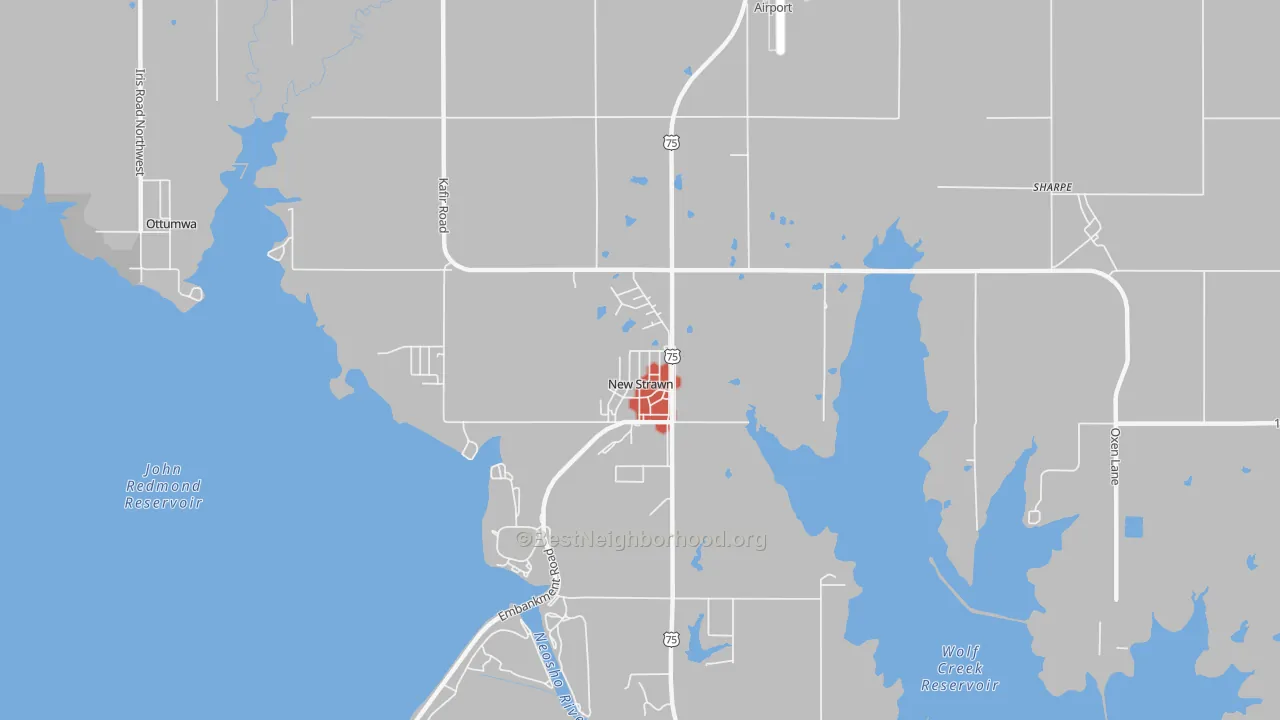 Walk Grade map of New Strawn, KS, walkable areas in green and car-dependent areas in red