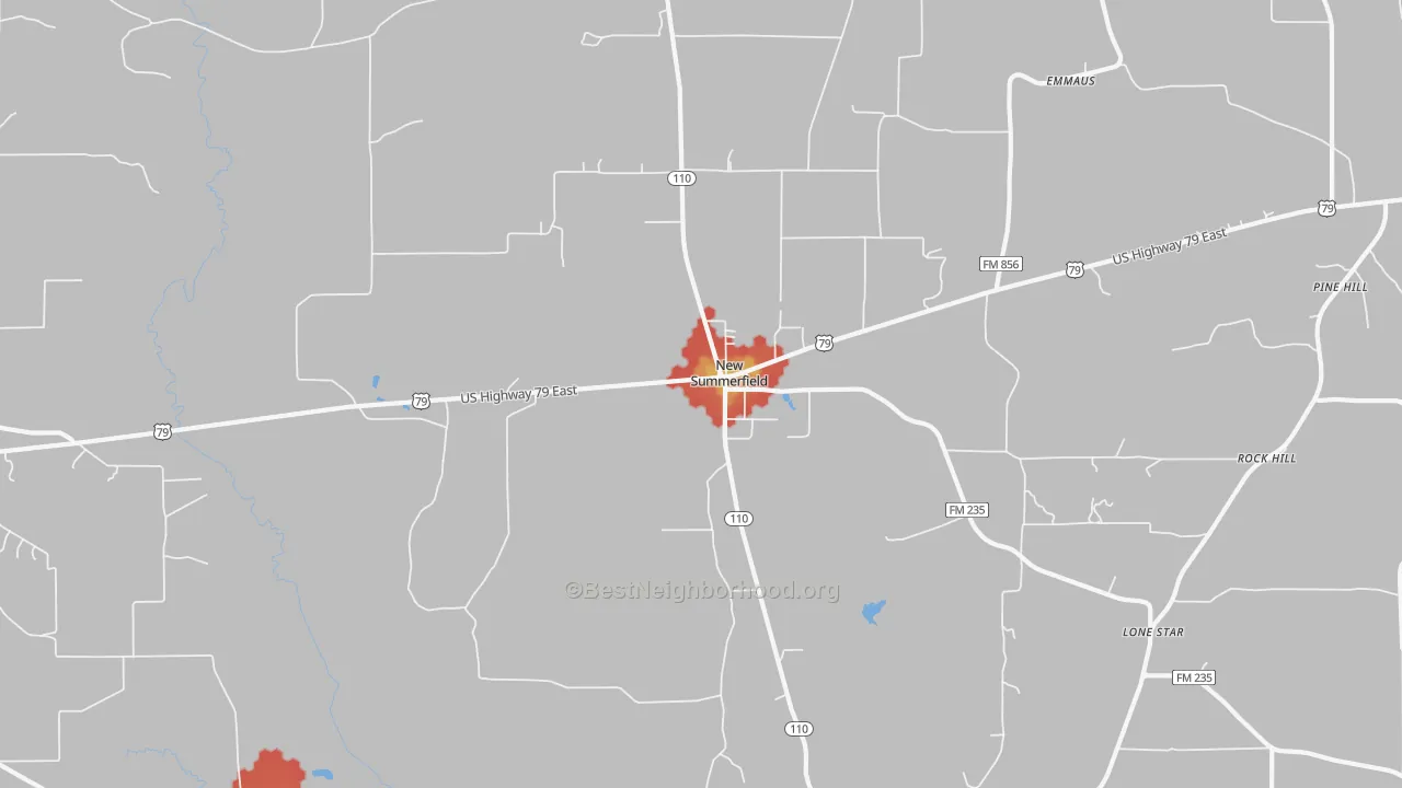 Walk Grade map of New Summerfield, TX, walkable areas in green and car-dependent areas in red