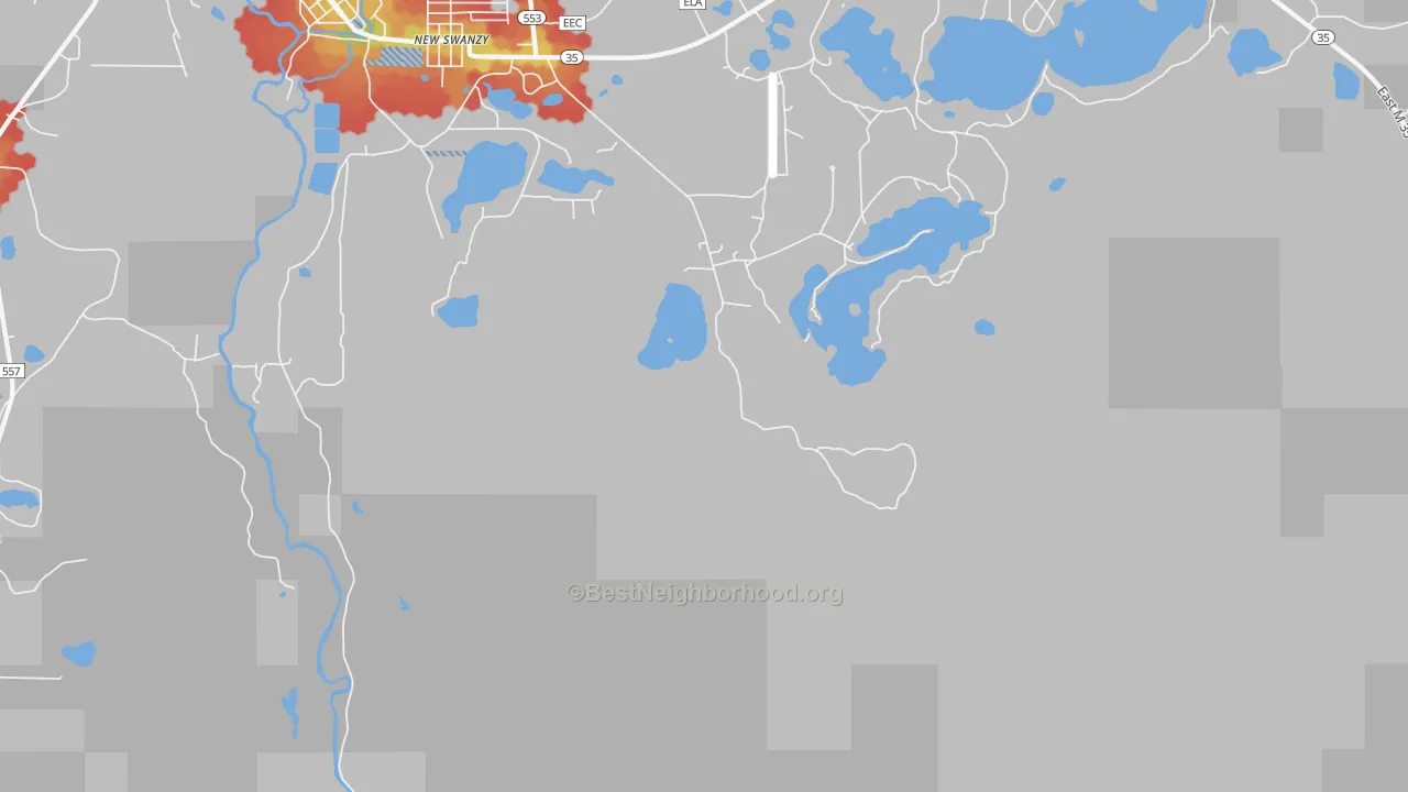 Walk Grade map of New Swanzy, MI, walkable areas in green and car-dependent areas in red