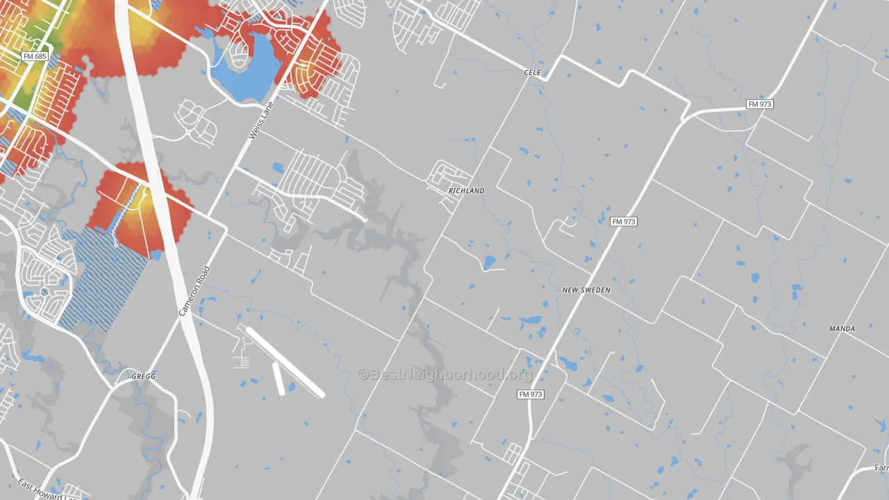 Walk Grade map of New Sweden, TX, walkable areas in green and car-dependent areas in red