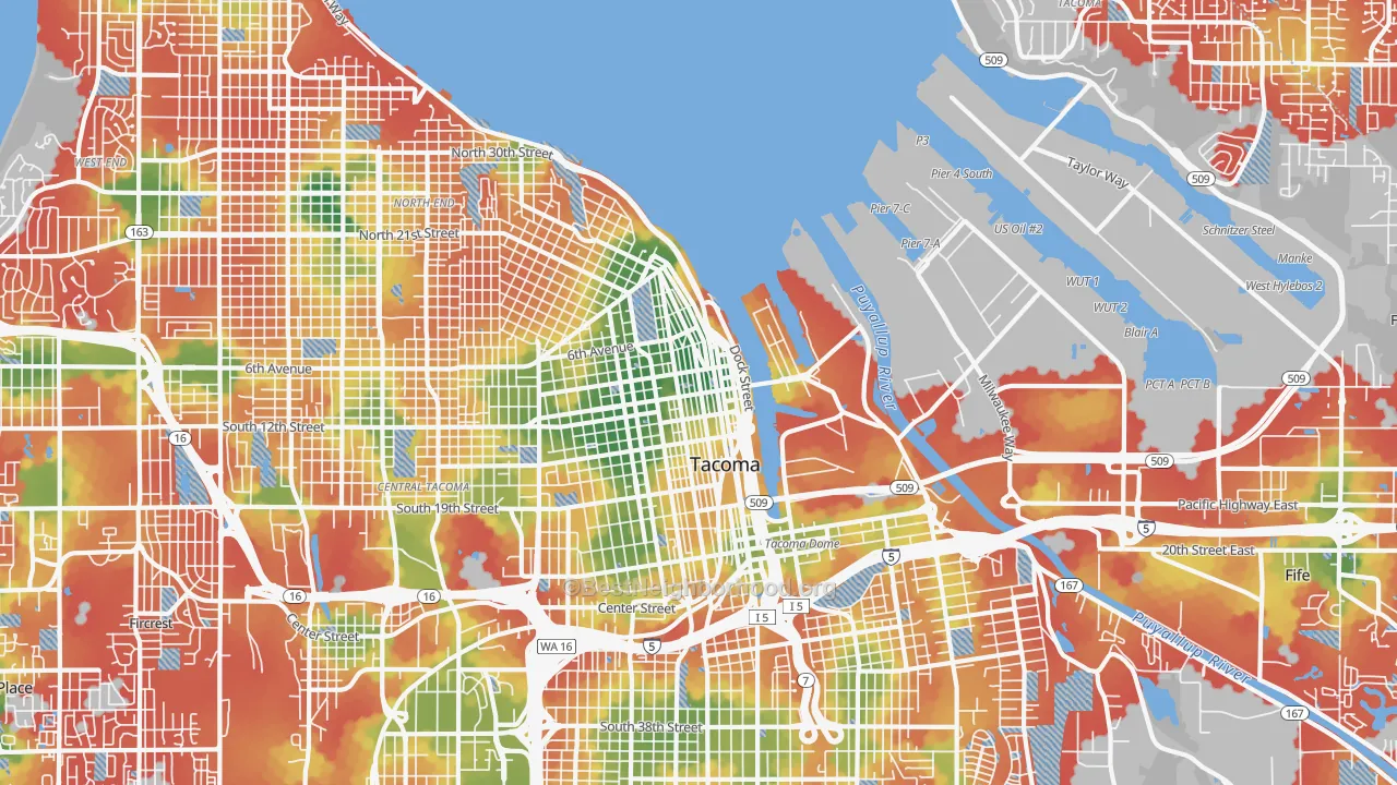 Walk Grade map of New Tacoma, Tacoma, WA, walkable areas in green and car-dependent areas in red