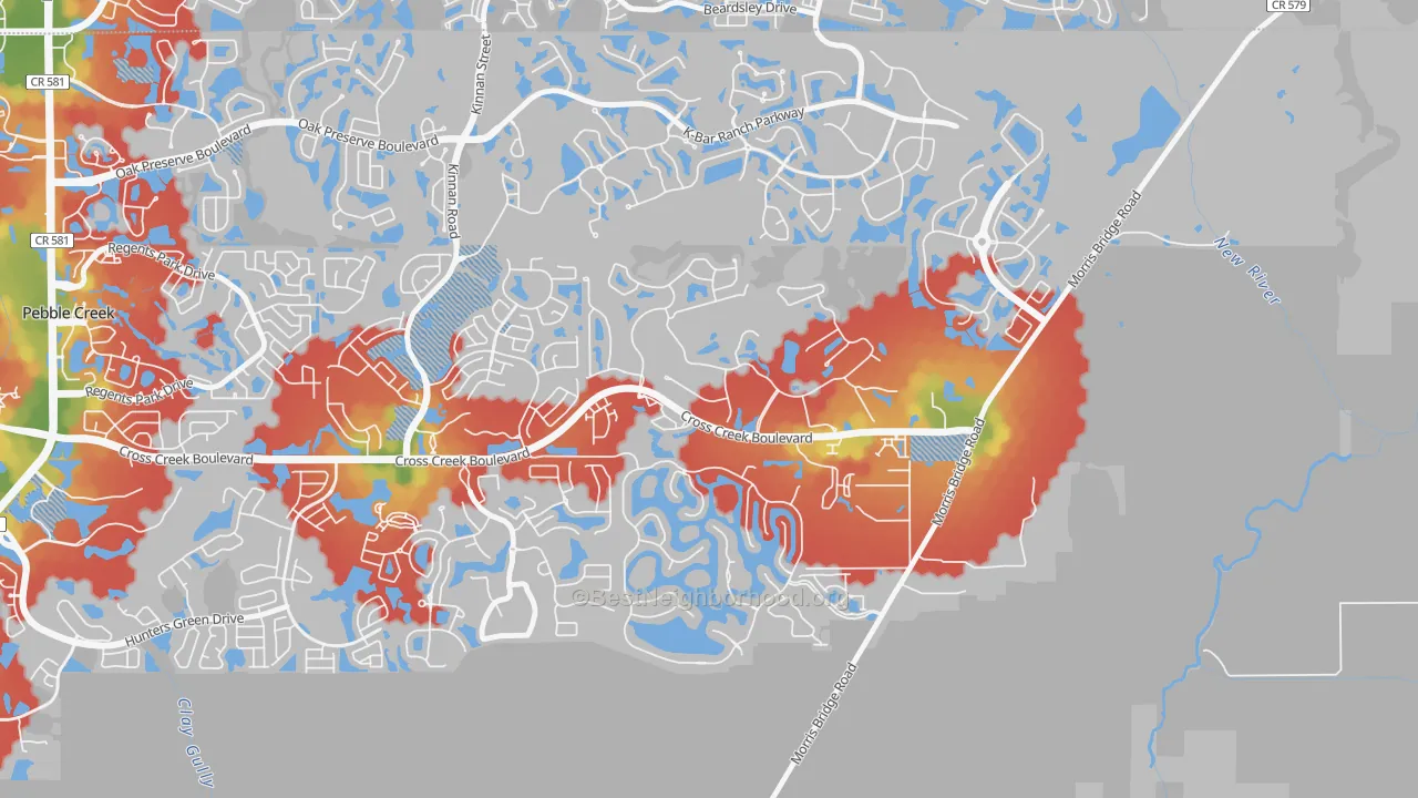 Walk Grade map of New Tampa, Tampa, FL, walkable areas in green and car-dependent areas in red