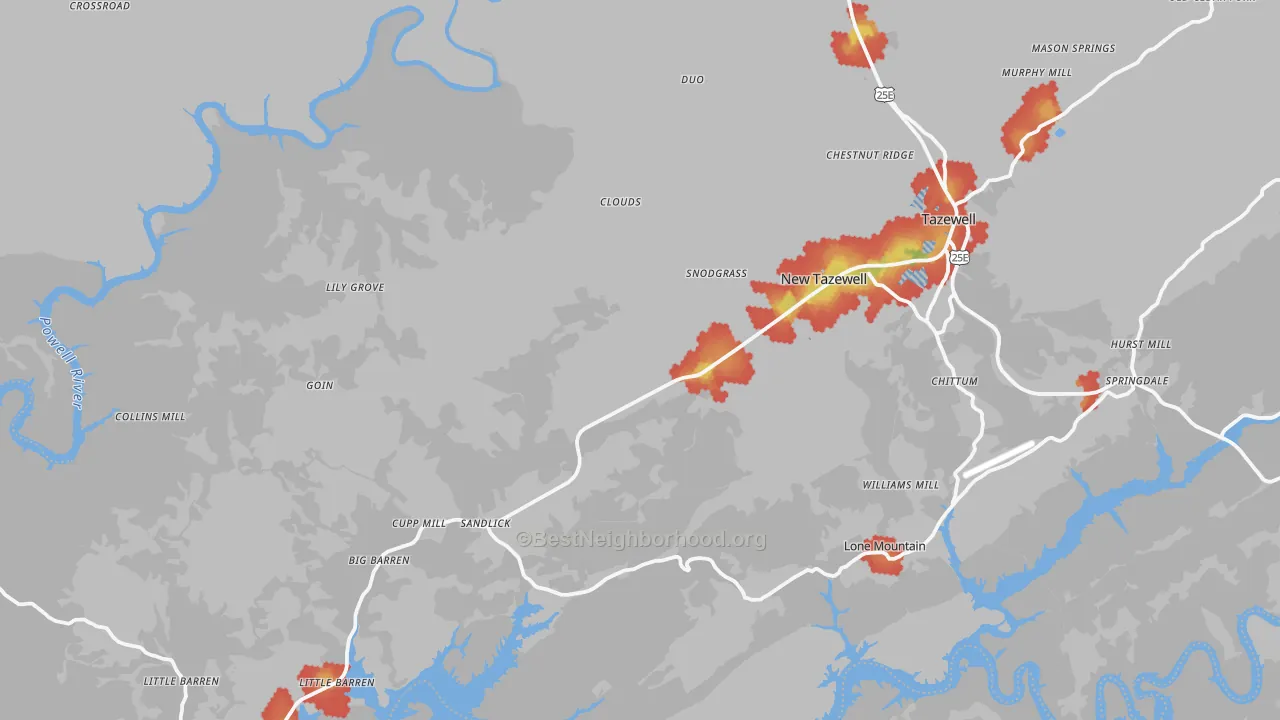 Walk Grade map of New Tazewell, TN, walkable areas in green and car-dependent areas in red